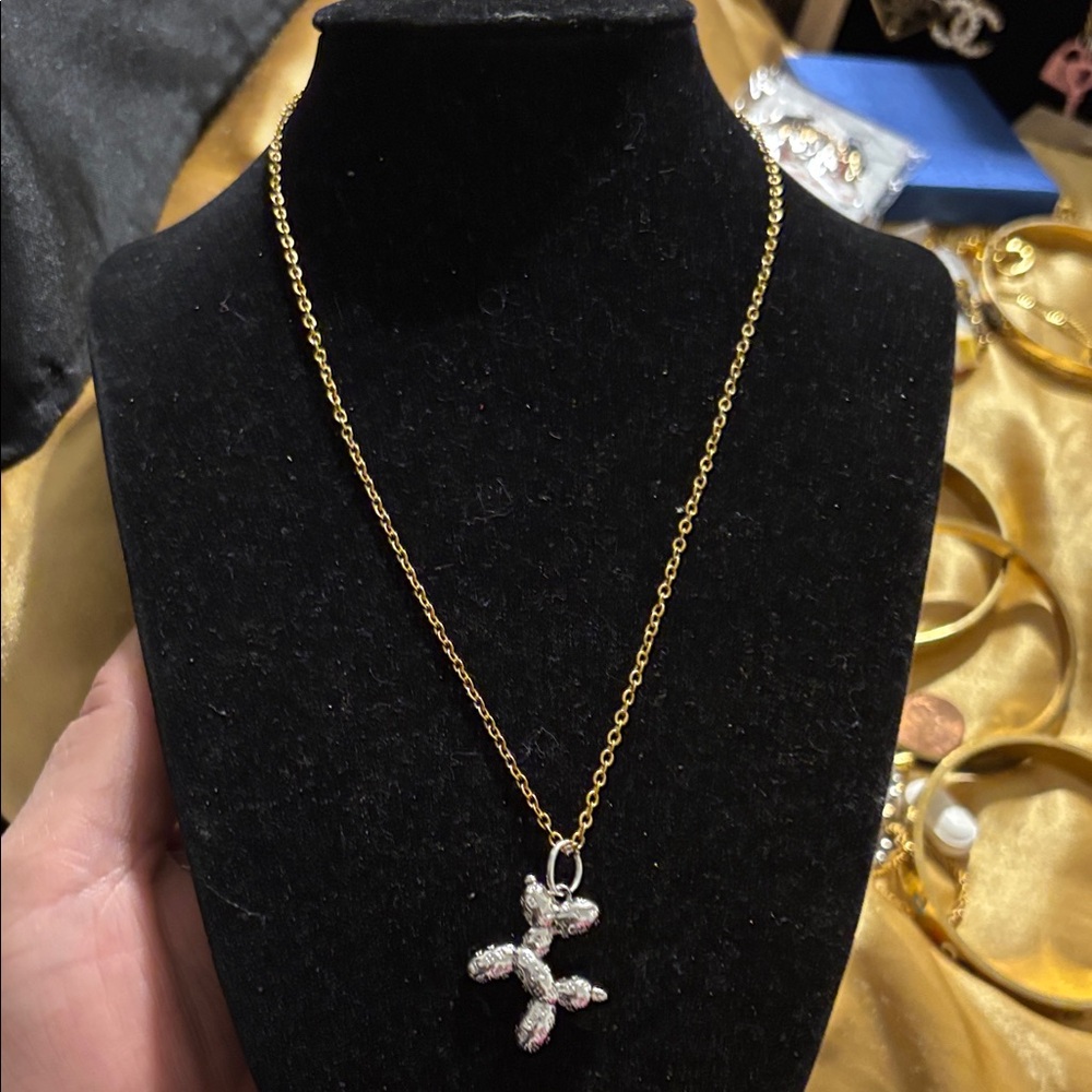 Gold Necklace with Silver Tone Balloon Dog Pendant